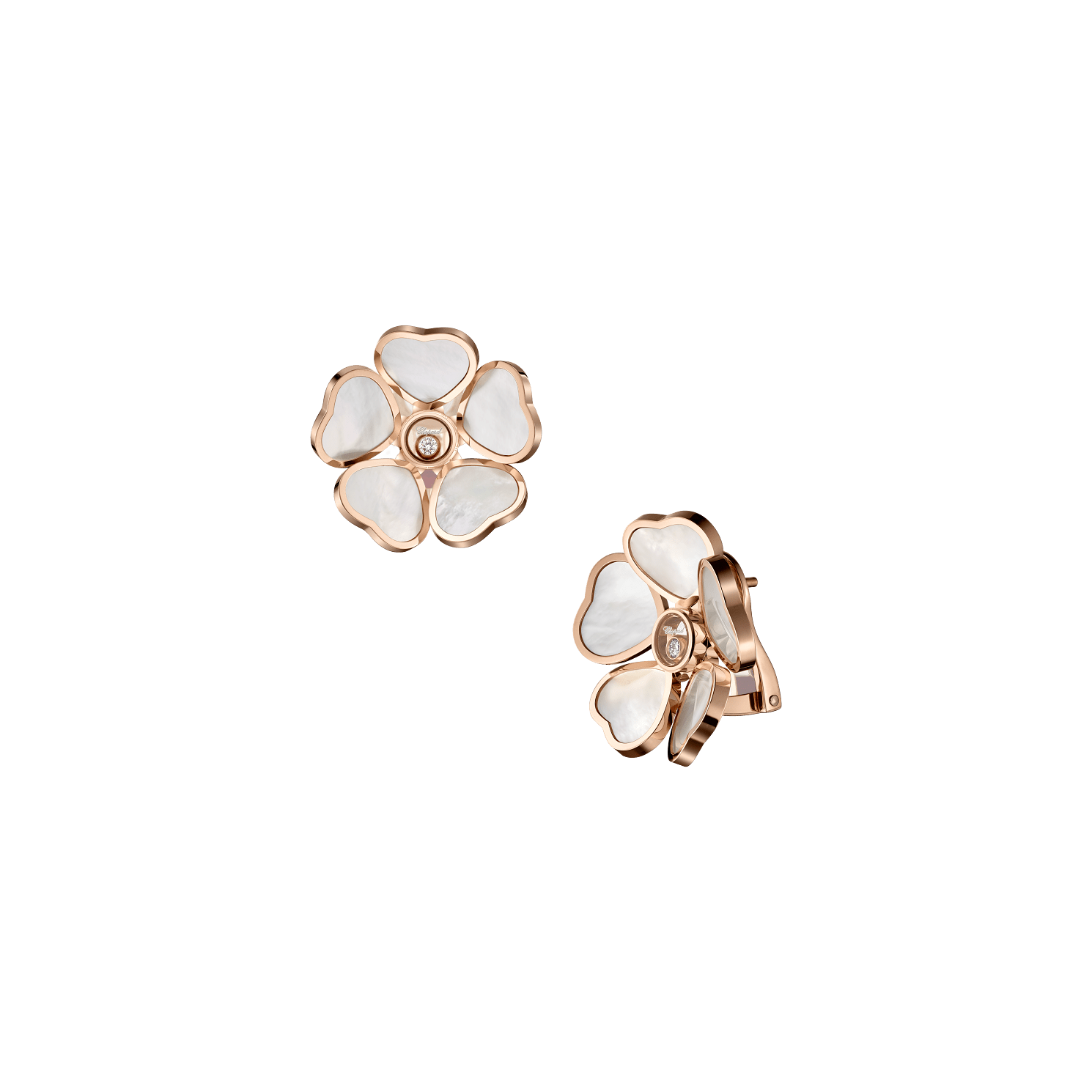 Chopard 18kt rose gold Happy Hearts flower diamond pearl ear clips