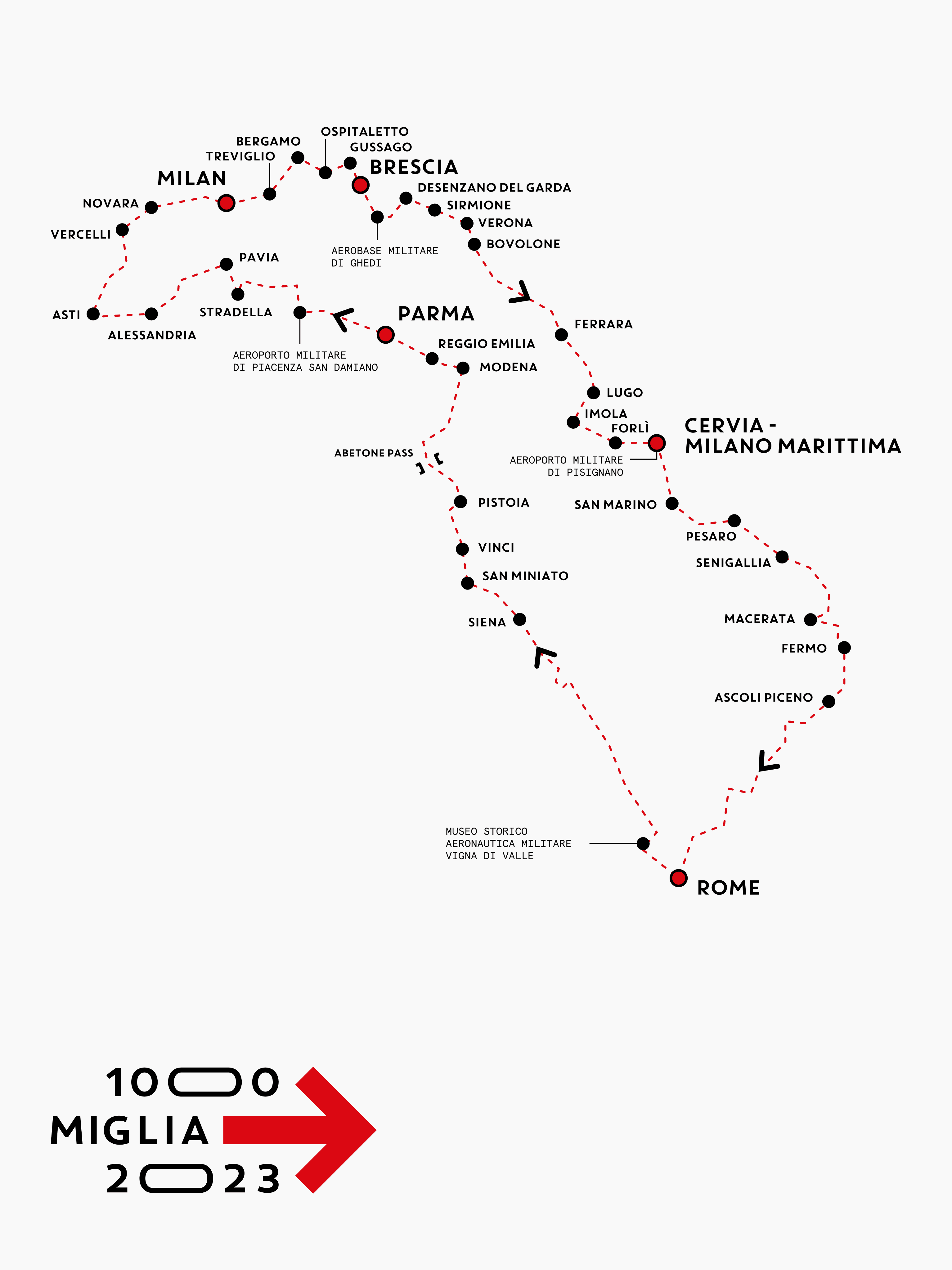 Map of the 2023 Mille Miglia race circuit in Italy