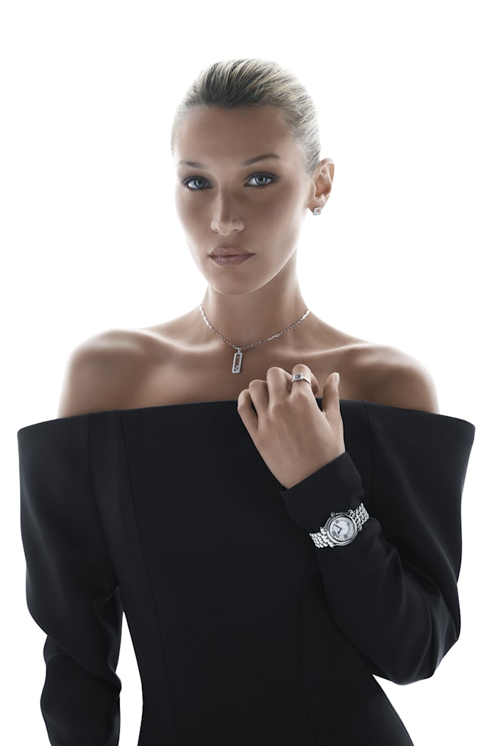 Bella Hadid wearing a Happy Diamonds floating diamond pendant