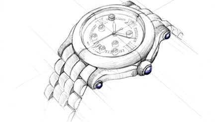 Happy Sport The First watch design drawing showcasing the iconic round case and diamond-set bracelet.