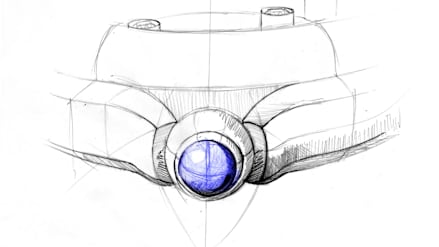 Close-up sketch of the Happy Sport The First crown adorned with a signature blue cabochon.