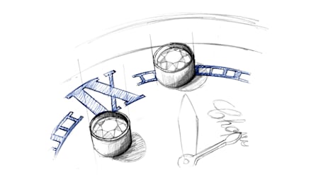 Design sketch of Happy Sport The First featuring free-moving diamonds and blue Roman numerals on the dial.
