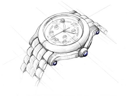 Happy Sport The First watch design drawing showcasing the iconic round case and diamond-set bracelet.