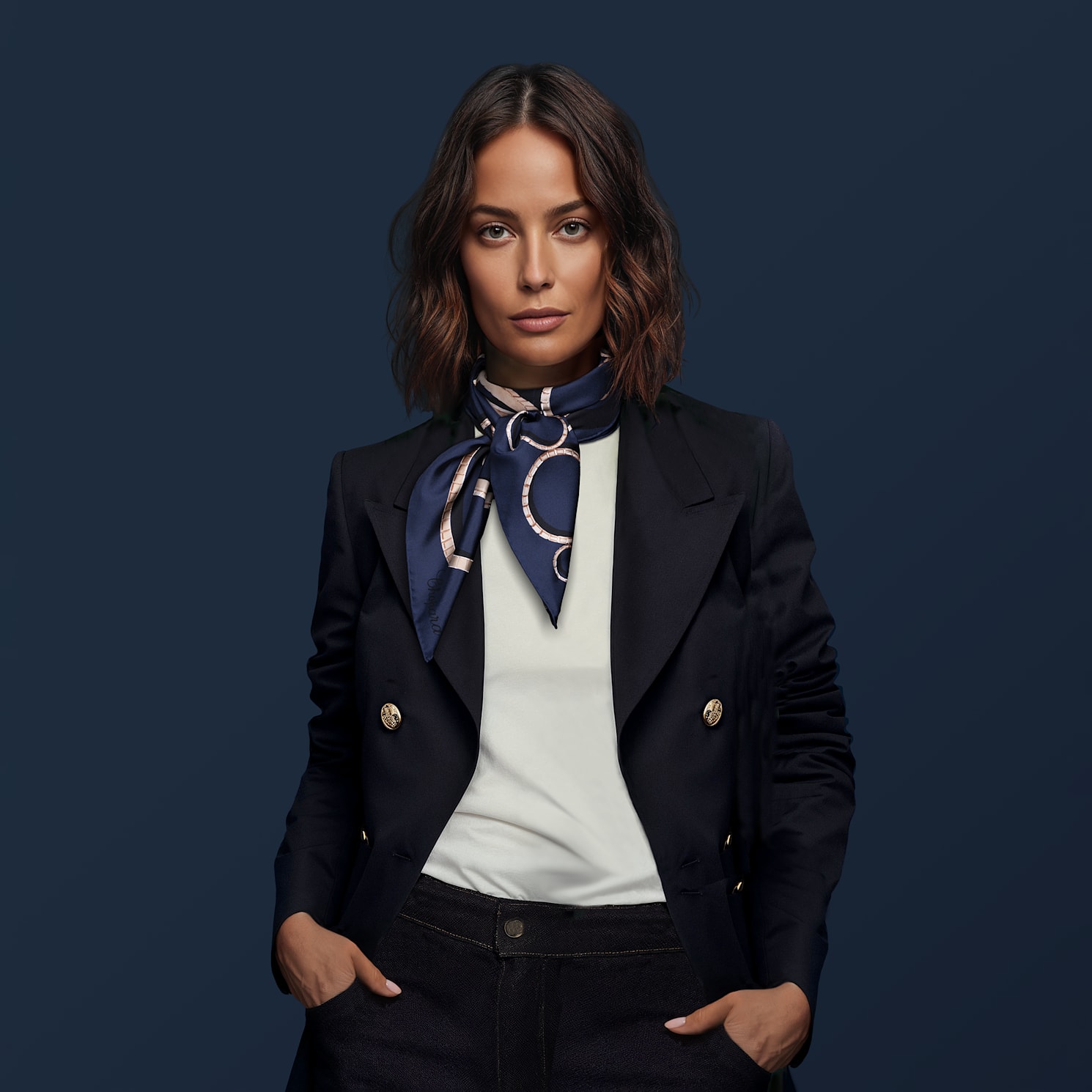 navy blue - 90 x 90cm Scarve   worn view