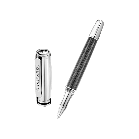 Enlarge {0}Chopard Carbon fiber - palladium plated Brescia rollerball pen open pen front view