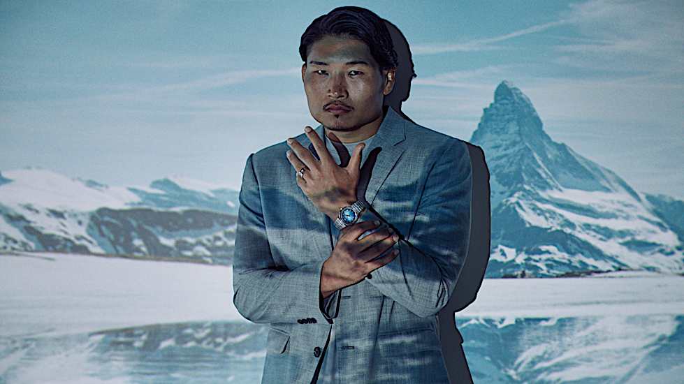 Japan national rugby team player Keita Inagaki, as ambassador for Swiss luxury watch brand Chopard's Alpine Eagle collection, wears the platinum automatic wristwatch Alpine Eagle 41 XP CS Platinum.