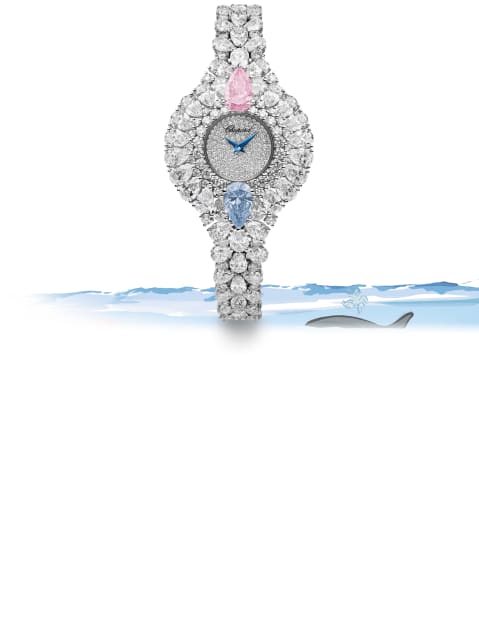화이트 다이아몬드로 더욱 돋보이는 매혹적인 핑크 및 블루 다이아몬드 여성용 시계.